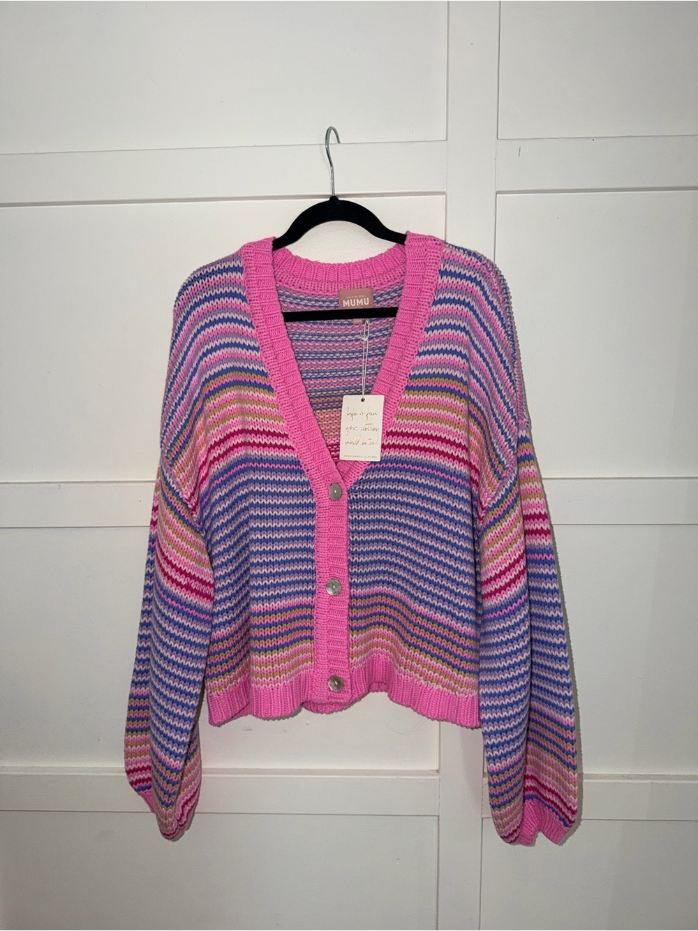 Pink Multicolor Striped V-Neck Button Cardigan